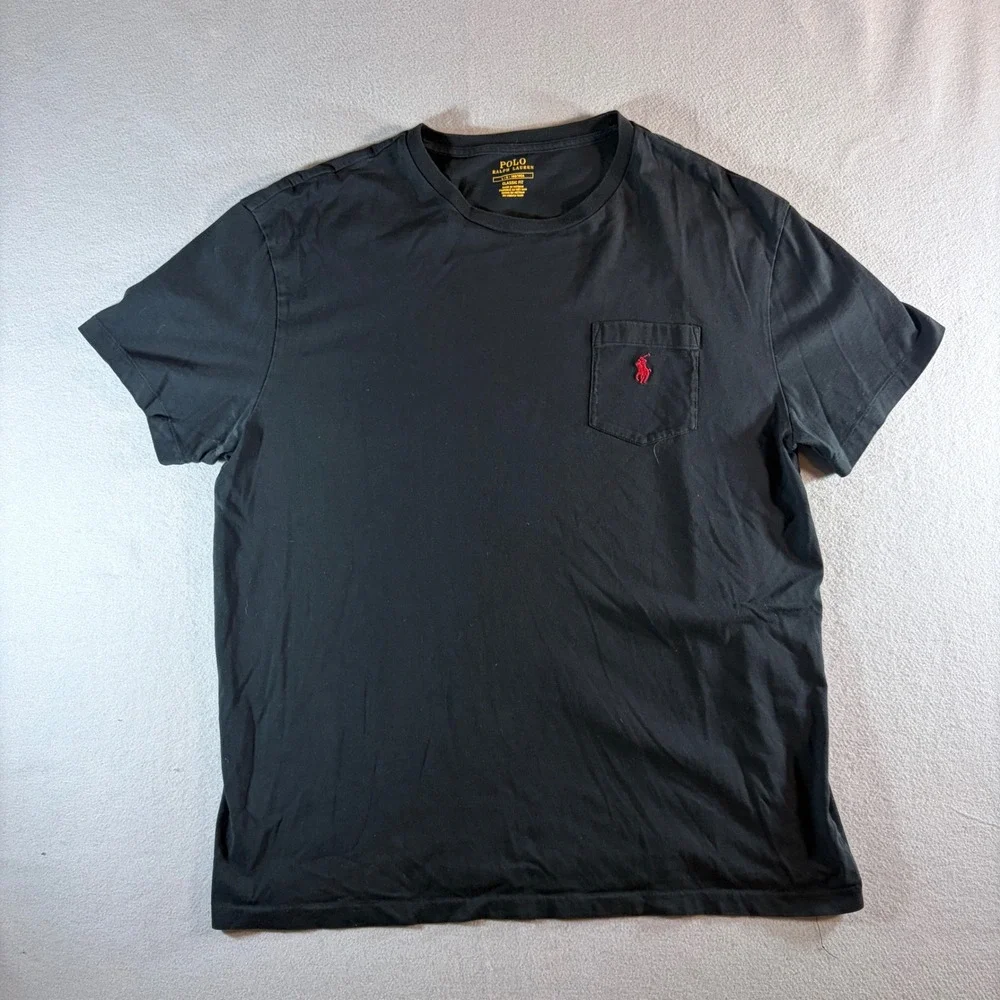 Polo Ralph Lauren Mens Black Classic Fit Pocket T-Shirt Red Pony Logo Large